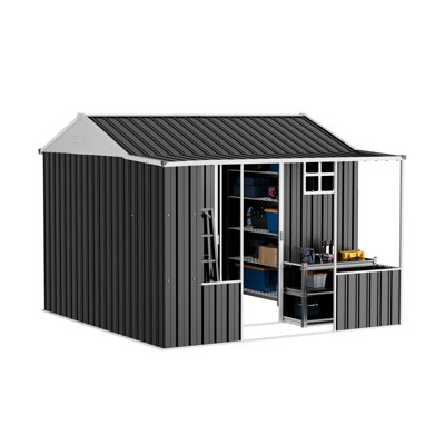 Remise de rangement en métal 9 x 9 x 7 pi, remise à outils à deux zones avec zone de travail, structure renforcée, toit à pignon, conception ventilée, gris foncé