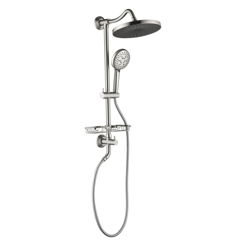Shower Setup In Brushed Nickel Featuring 10" Natural Rain Showerhead, 4 Hand Shower, Adjustable Slide Bar And Soap Dish Showerhead Aggregation With Bar, Bathroom