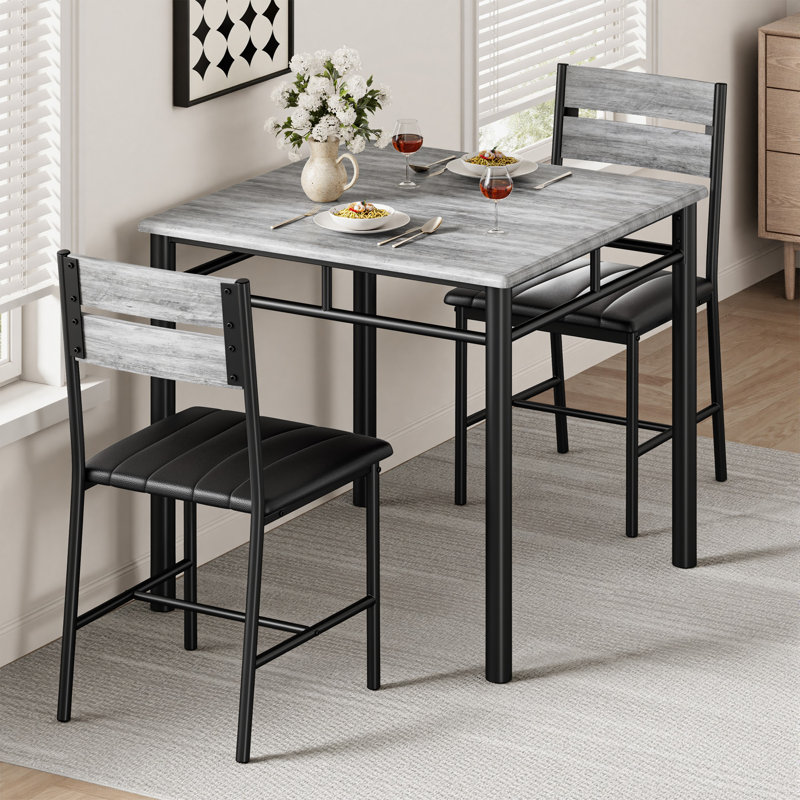 3-Piece Dining Table Set for 2 with Upholstered Chairs - Perfect for Small Spaces, Gris, Grey