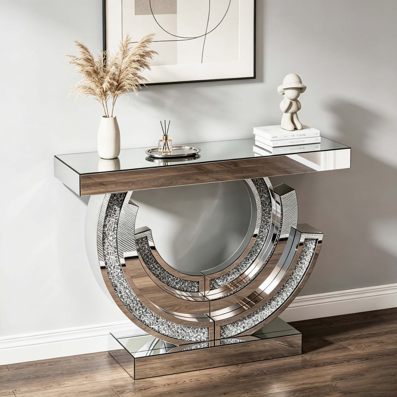 Console à miroir en miroir Cr écrasé, canapé d'entrée en verre brun avec incrustation de strass, Silver