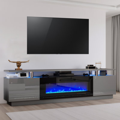 Bhhatu 2 Tier High Gloss TV Stand with Electric Fireplace Included