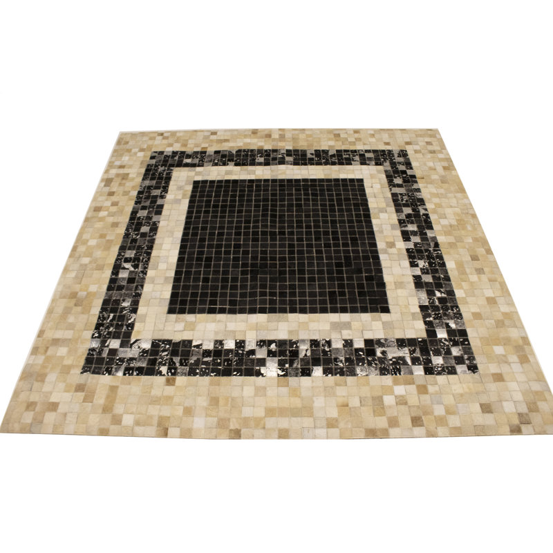 Tapis oriental beige moderne en cuir et en similicuir 5X8, Carré 6 pi