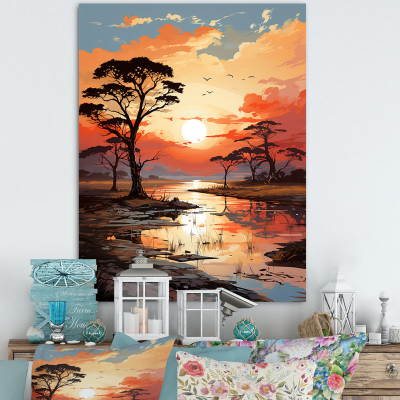 Coucher de soleil africain, savane, harmonie I - arbre, art mural africain, H 40 po x l 30 po x P 1,5 po, Cadre simple blanc