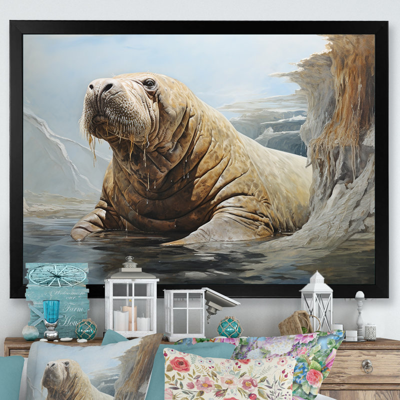 Lazy Walrus Habitat I - Morse, reproduction d'art mural, Cadre simple noir, H 34 po x l 44 po x P 1,5 po