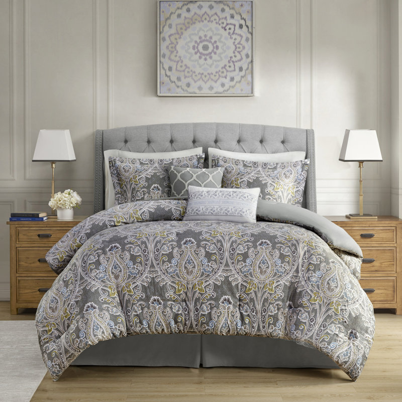 Édredon 6 pièces pour très grand lit - Gris avec taies d'oreiller lisses, Très grand lit