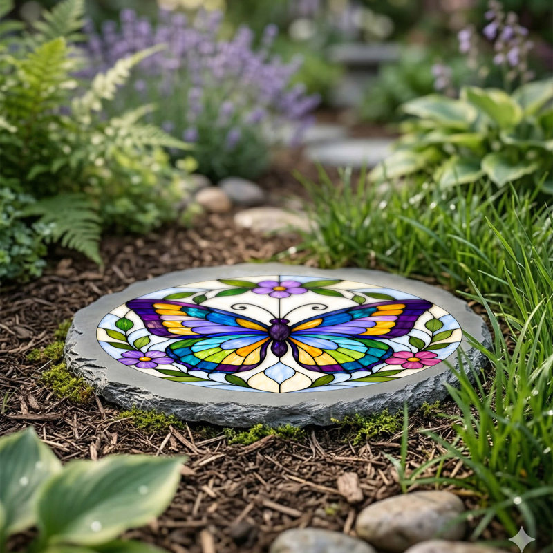 Dalle de jardin - Vitrail à effet papillon gris
