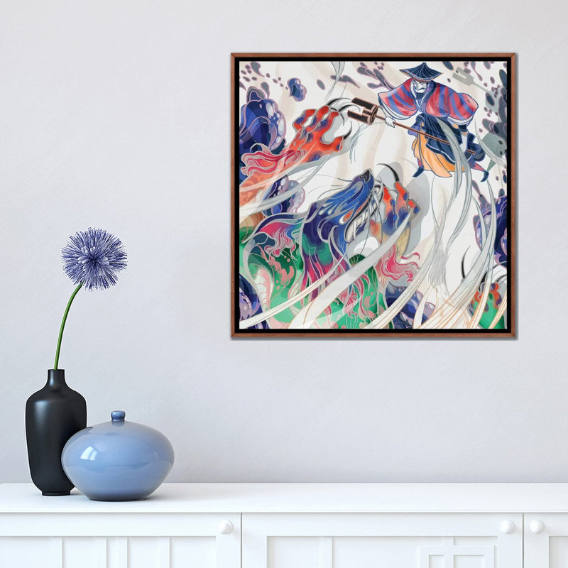 " Water Beast " by Sija Hong, No Mat, Classic Brown Wood Framed Canvas, 18" H x 18" W x 1.5" D