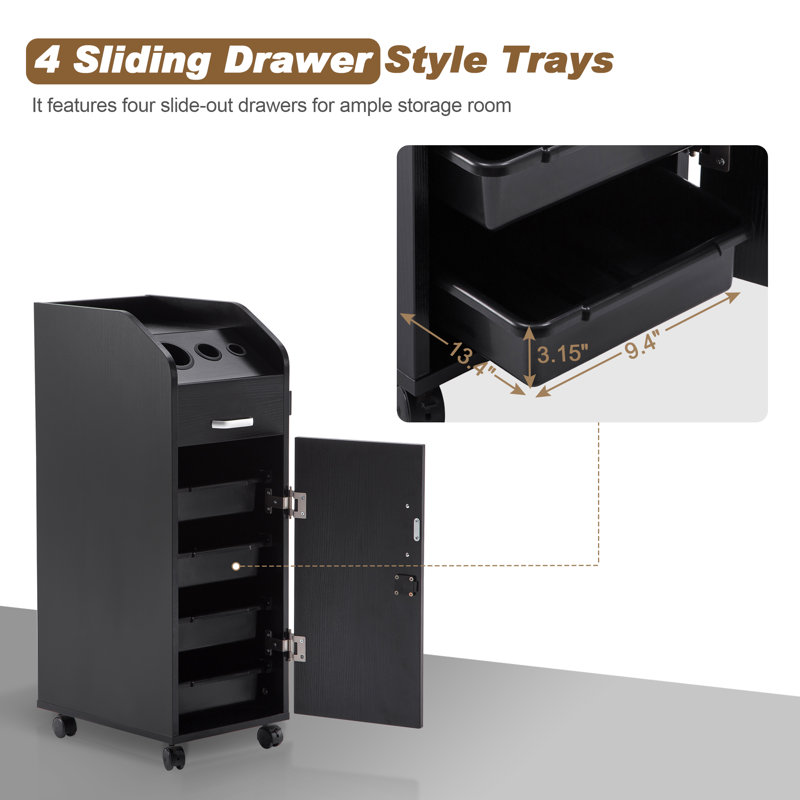 Black Wood Salon Trolley Storage Cart with Lockable Wheels