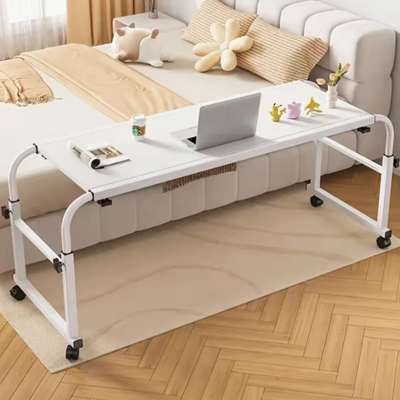 Overbed Table with 360 Wheels, Mobile Bed Desk Adjustable Height, Lockable Casters, Curved Edge Laptop Table for Home Office Hospital Bedroom White