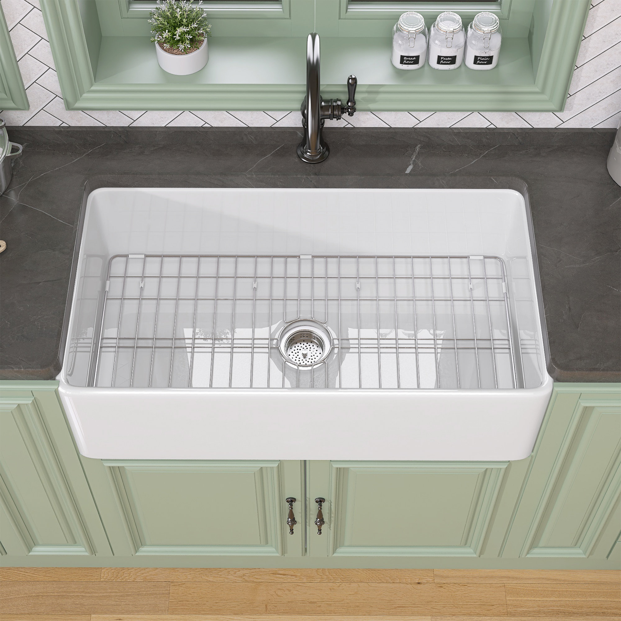 GETPRO Single Bowl Fireclay Farmhouse Kitchen Sink with Sink Grid and ...