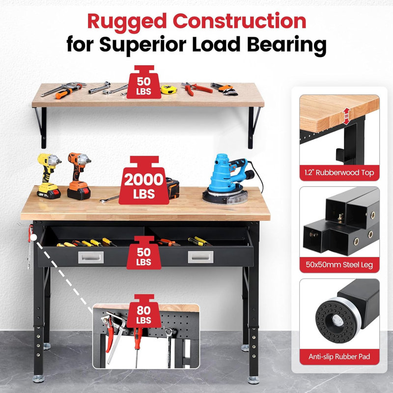 Workbench with Drawers Work Bench for Garage Adjustable Heavy Duty Garage Workbench with Shelf Bracket,Power Outlets