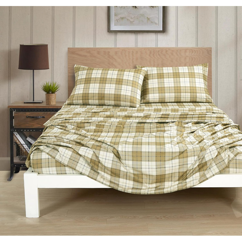 Queen Tan Beige Blue Plaid Microfiber Deep Pocket Sheet Set