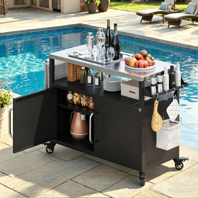 Opaline Rolling 54.5" Outdoor Kitchen Island With Stainless Steel Tabletop With Lockable Wheels
