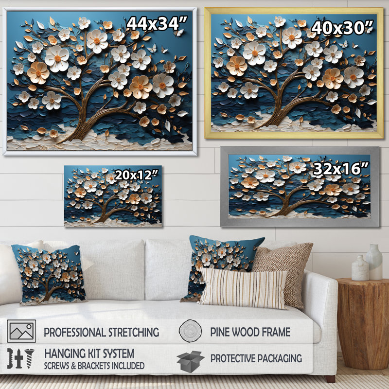 Blue And White Orchid Tree Garden Of Branches II - Tree Wall Art, 24" H x 32" W x 1" D, Black Floater Framed