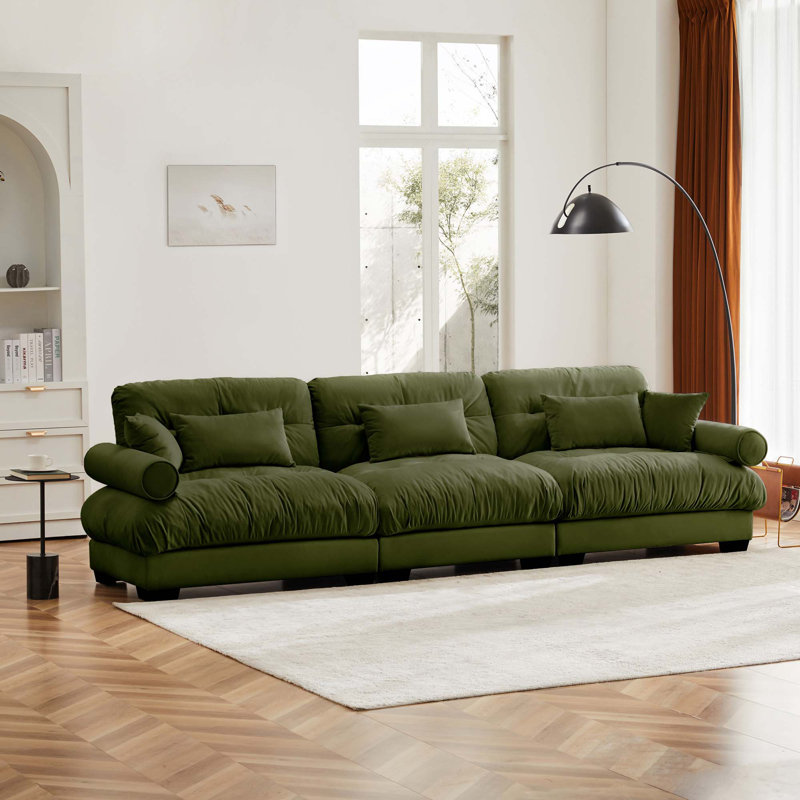 CanapÃ© moderne extra-large avec coussins de soutien et coussins dÃ©coratifs, Velours vert olive, 35" H x 130" W x 37" D