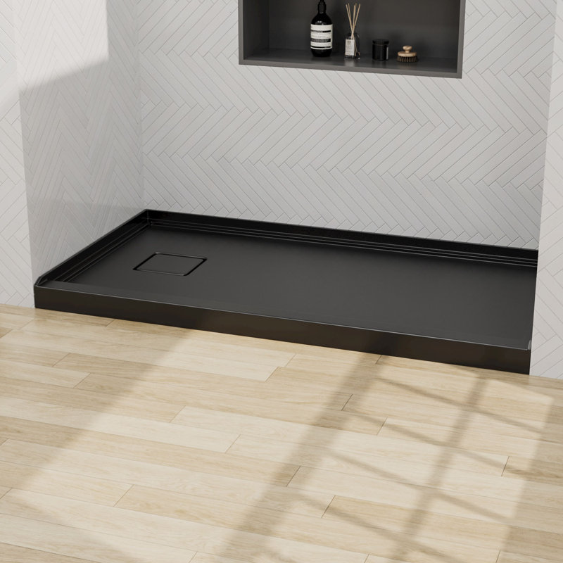 Base de douche en acrylique 60 po x 32 po GT, panneau de douche à seuil simple, antidérapant pour drain à gauche, noir brillant