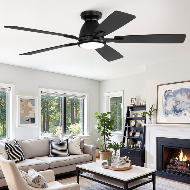 Cissline 46" 5 - Blade Flush Mount Ceiling Fan With Led Lights and Remote for Medium Room/Bedroom/Living Room, Black, 46"