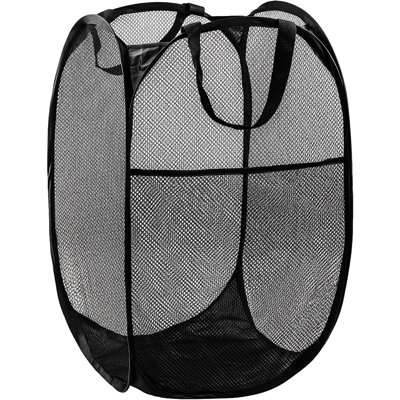 Pop-Up Mesh Laundry Hamper with Side Pocket, Collapsible Clothes Basket with Reinforced Handles, Portable Laundry Storage Bin for Bedroom, Dorm, Bathroom and Travel, Black