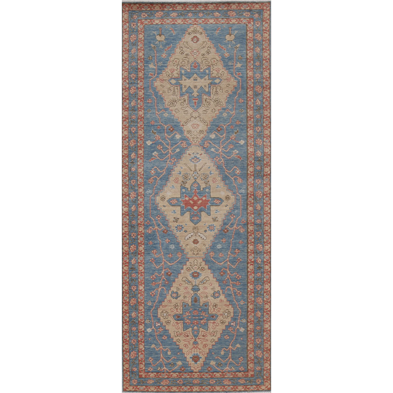 Tapis de couloir oriental géométrique Heriz Serapi noué à la main 3 x 8
