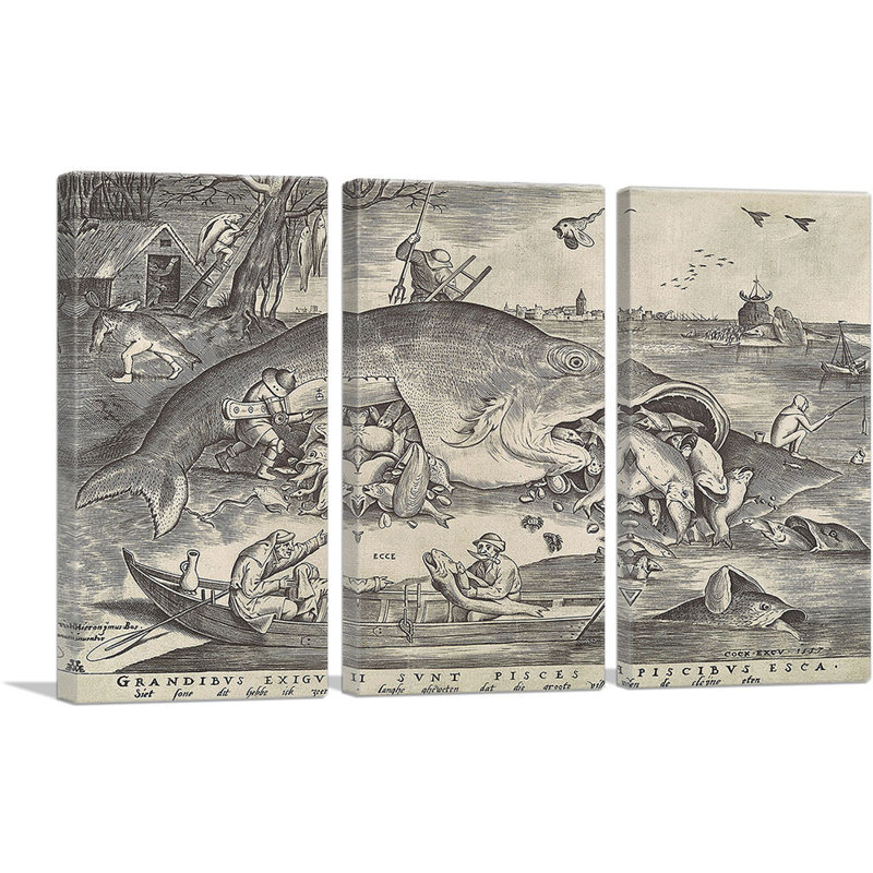 «Big Fish Eat Little Fish 1556» par Peter Bruegel l'Ancien, ensemble de 3 reproductions d'art sur toiles tendues