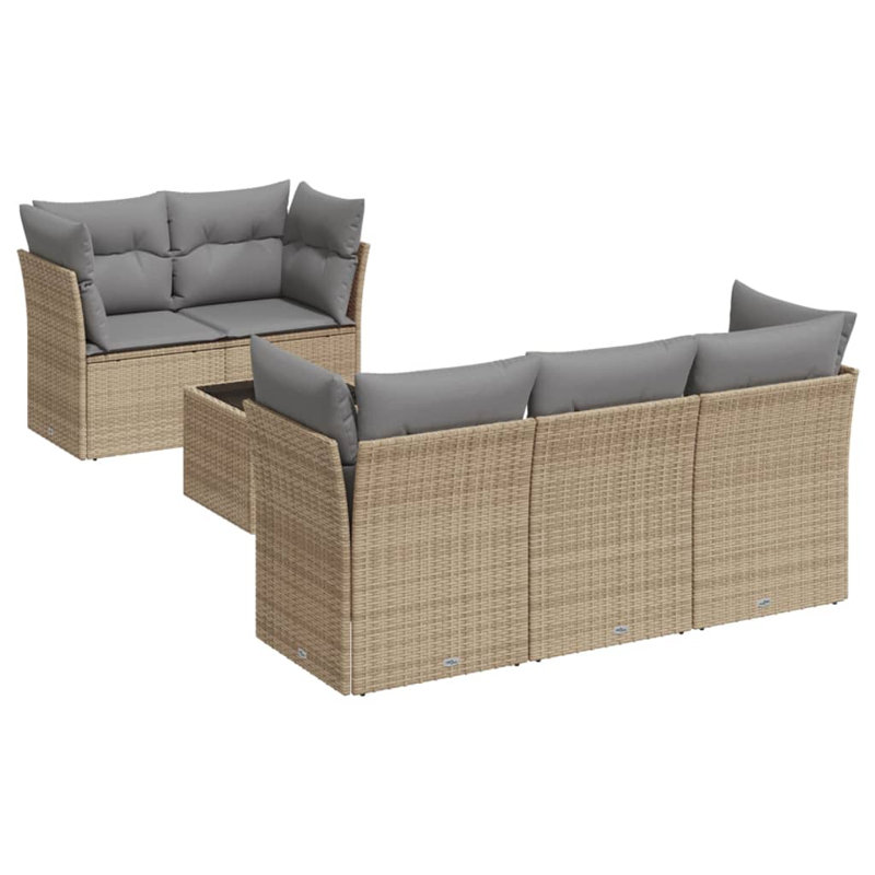  Ensemble de canapé de jardin en rotin PE beige, acier thermolaqué, verre trempé, Grey Cushion/Beige Frame
