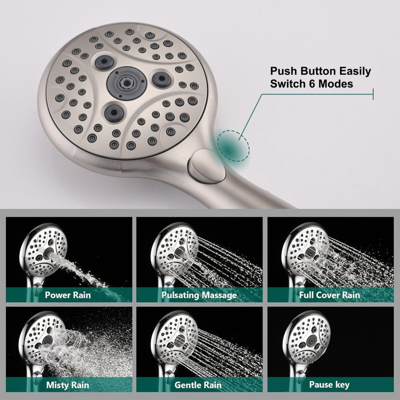 Handheld Shower Head Combo with 26.18 Inch Slide Bar, 6 Spray Modes and Pause Switch, Brushed Nickel