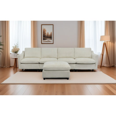 4-Seater Modern Beige Fabric Modular Cloud Sofa With Ottoman, Armrest Pockets And 4 Pillows,Minimalist Style Couch For Living Room, Apartment, Office,2 Colors
