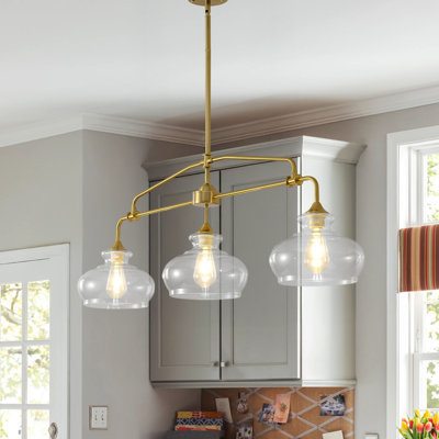 Éclairage d'îlot de cuisine moderne à 3 lumières, lustre de style campagnard linéaire pour salle à manger, luminaire suspendu doré rustique avec abat-jour en verre transparent pour îlot de cuisine