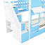 Lit superposé simple bleu avec 2 tiroirs, 3 tablettes et une glissoire en bois de pin massif, convenant à un décor de chambre à coucher-129943897-129943895