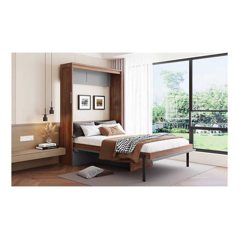 Lit escamotable double avec bureau pliable - Lit escamotable mural - Noyer et gris, Noyer / gris