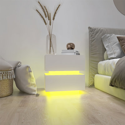 Table de chevet 2 tiroirs blanche brillante avec table de chevet à lumière RVB avec contrôle Bluetooth