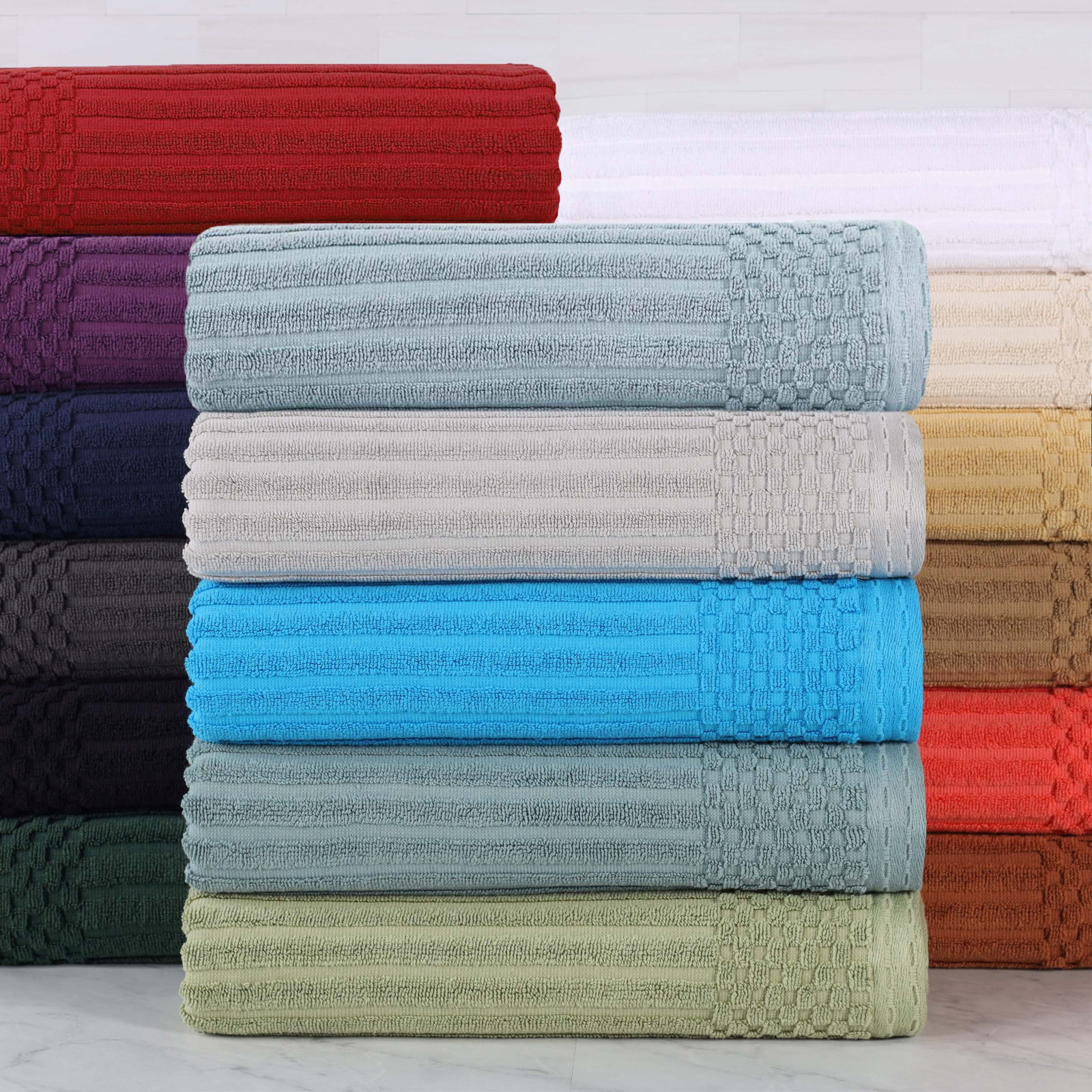 Ruvins Cotton Highly Absorbent 8-Piece Solid and Checkered Border Towel Set, Dark Gray, 3 Piece Towel set