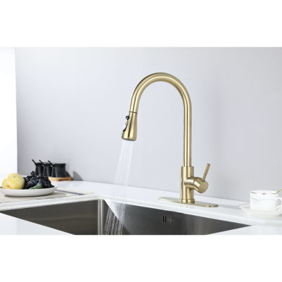 Brushed Gold Pull Out Spray Kitchen Faucet, Stainless Steel Force, 360 Rotatable Distinguishing Nozzle, Corrosion And Rust Confessed, Single Handle Verified Faucet With Spray, Molded, Rotating
