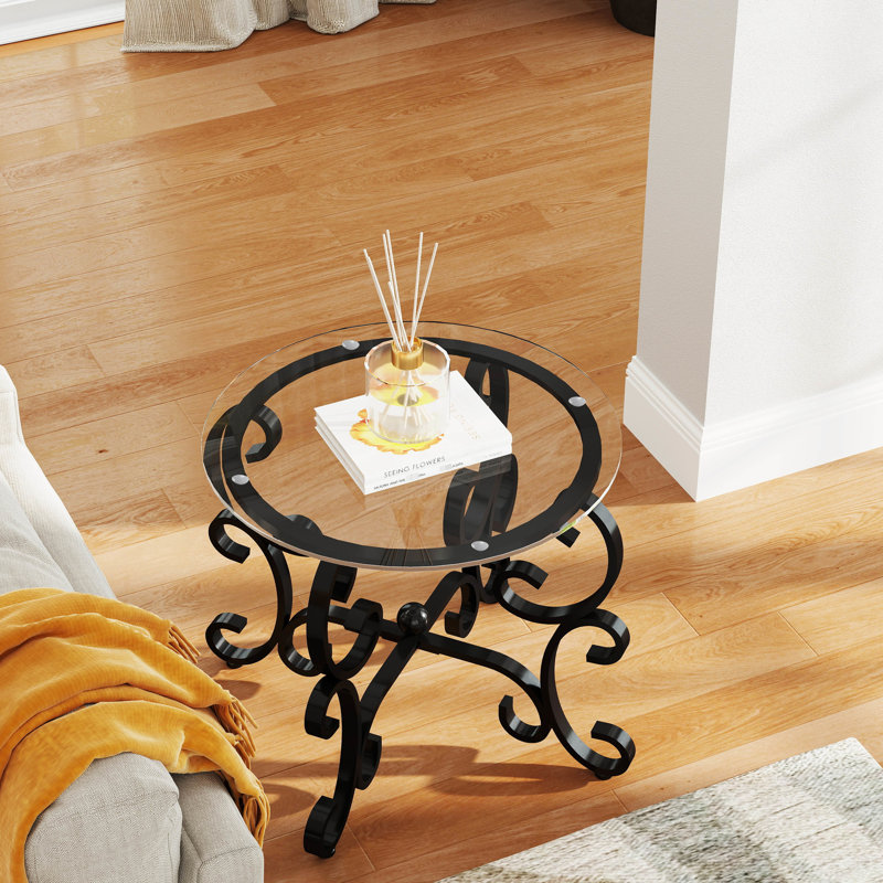Table basse ronde ronde en verre trempé de style rustique noir pour espace de vie polyvalent