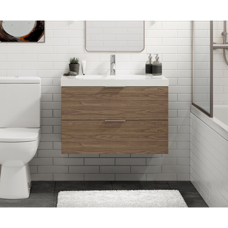 Avila 48" W Wall Mounted Single Bathroom Vanity, Gloss White/8" Widespread, Satin Brass, Nocino