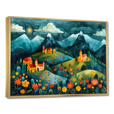 «Blue Red Summer Mountain Village Dream», reproduction d'art mural de ferme