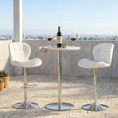 Adjustable Bar Table and Stools Set, Round Bar Height Table with Sintered Stone Top & 2 PU Leather Bar Stools with Padded Seat, Swivel Bistro Set for Small Spaces