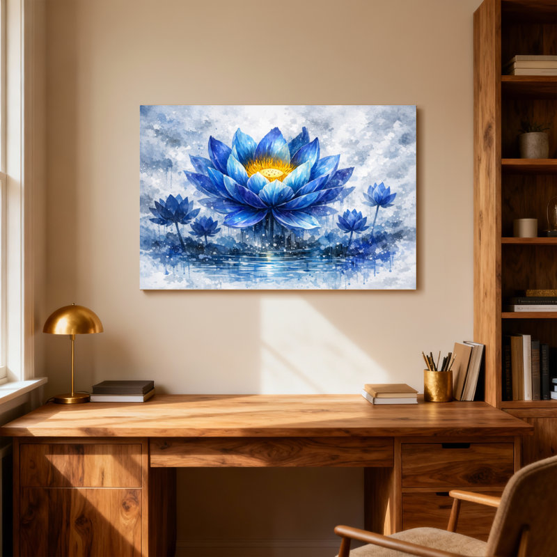 Plantes et fleurs, fleur de lotus bleue, reflet de l'eau, ciel, H 24 po x l 36 po