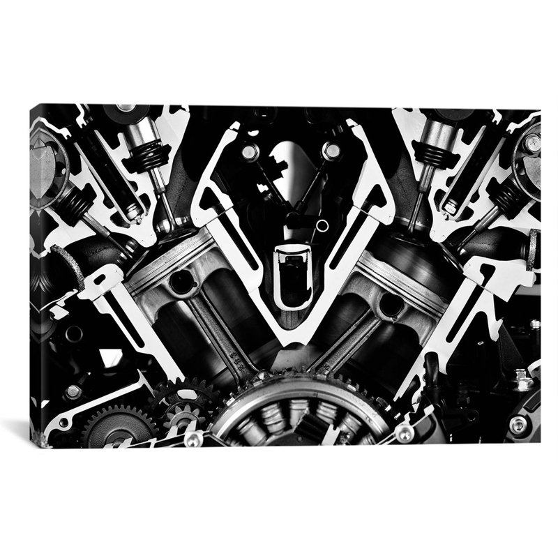 Lyall «Car Engine Front Grayscale», impression, Toile, H 12 po x l 18 po x P 1,5 po
