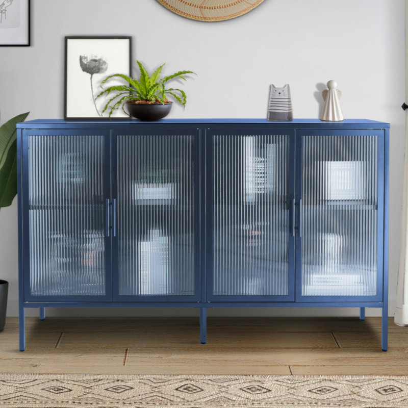 Westhampton 4-Door Tempered Glass Cabinet With 4 Glass Doors Adjustable Shelf And Feet Anti-Tip Dust-Free Fluted Glass, Blue