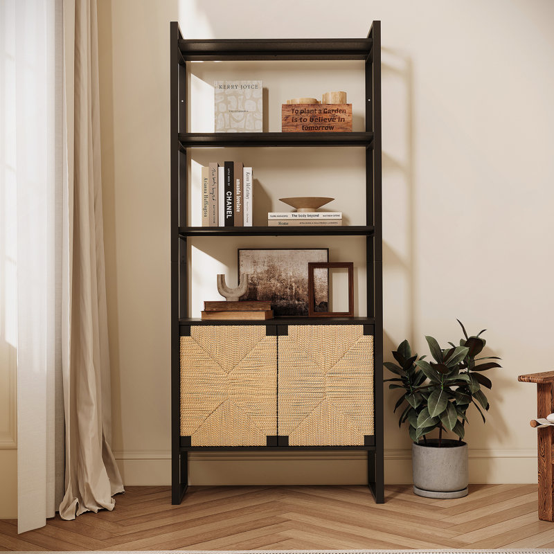 Bibliothèque à porte d'armoire en rotin naturel, présentoir à double fonction et rangement fermé pour les espaces de vie modernes