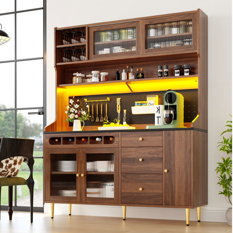 Kitchen Cabinet With Led, 5 Doors, 3 Drawers And Wine Rack Natural, Brown
