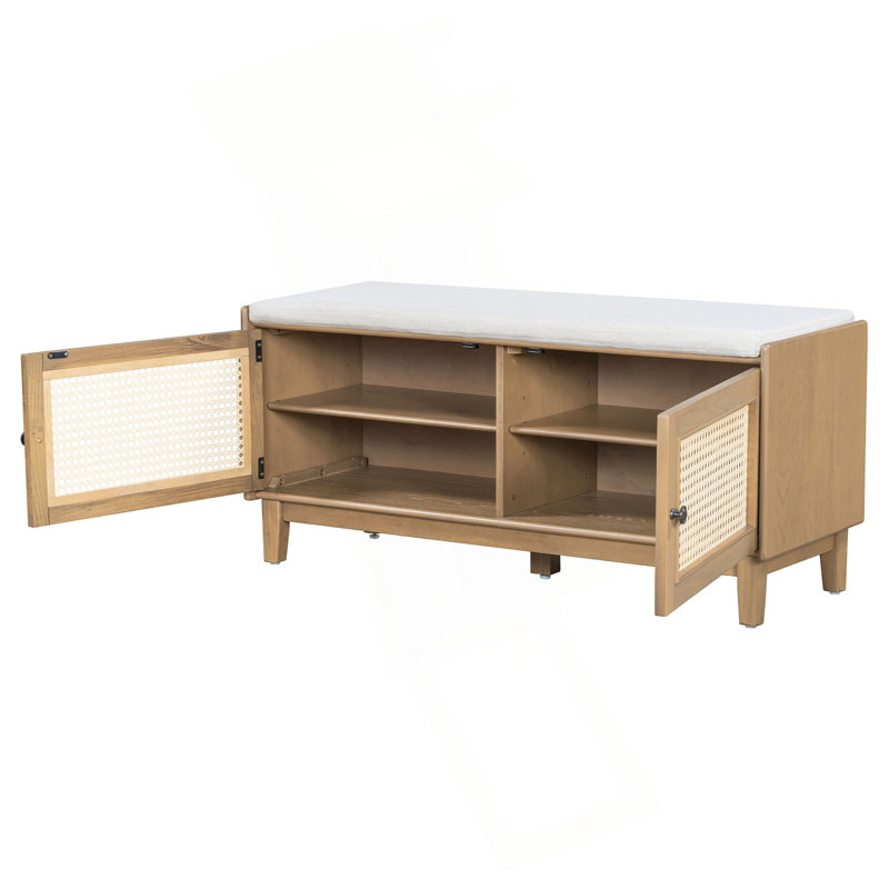 Boho Rattan Entryway Bench With Storage, Cushioned Shoe Bench With Double Doors, Wooden Shoe Organizer Bench For Entryway And Hallway