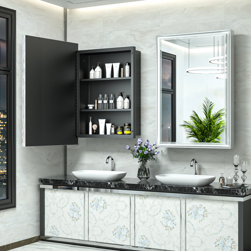 Cyrille Recessed & Surface Framed Medicine Cabinet with Mirror and Shelves, Silver, 40" H x 20" W x 5.2" D