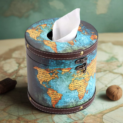 Round Decorative Tissue Box Cover With Lid, Retro Wooden Tissue Holder With Faux Leather And Vintage Map Design For Bathroom, Living Room, Or Office