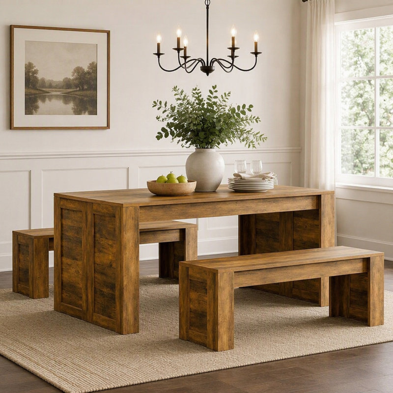 55" Dining Table Set,  Wooden Kitchen Table for 4-6 with 2 Benches, Rustic Brown
