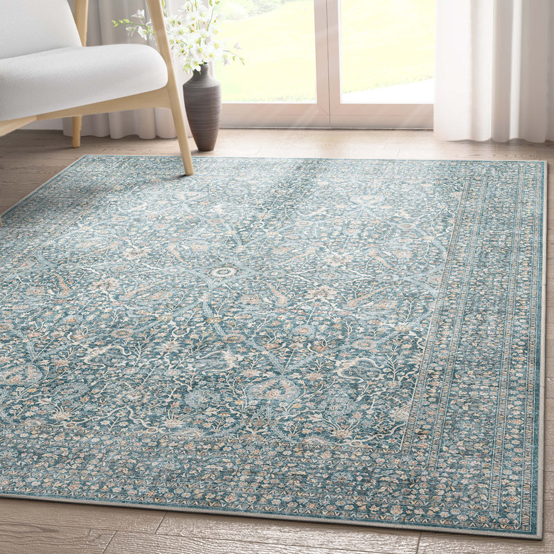 Tapis botanique oriental bleu Well Well Tissé Ervin Isolde, Rectangle 7 pi 7 po x 9 pi 10 po