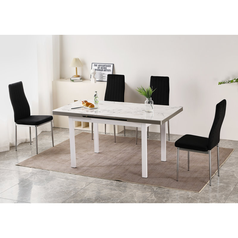Jade White Sintered Stone Extending Dining Table with 4 Monza Velvet Chairs, Black