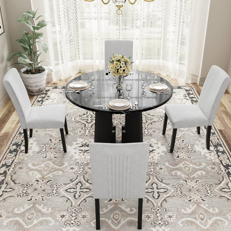 Polett Round Dining Set, Black Table with Beige Chairs