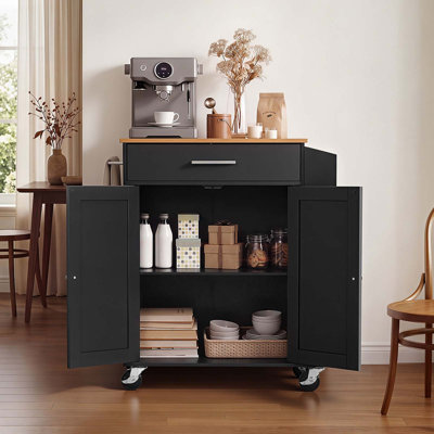 Îlot de cuisine mobile avec rangement, 79,5 cm de large, sur roulettes pivotantes, avec meuble de rangement, porte-épices/serviettes et table d'appoint pour salle à manger, noir, avec tiroir
